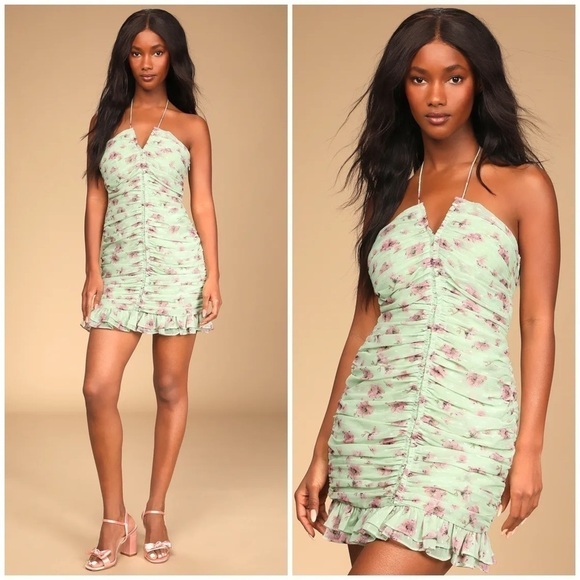 Lulu’s Blooming Night Out Light Green Floral Print Ruched Bodycon Dress - Picture 1 of 13